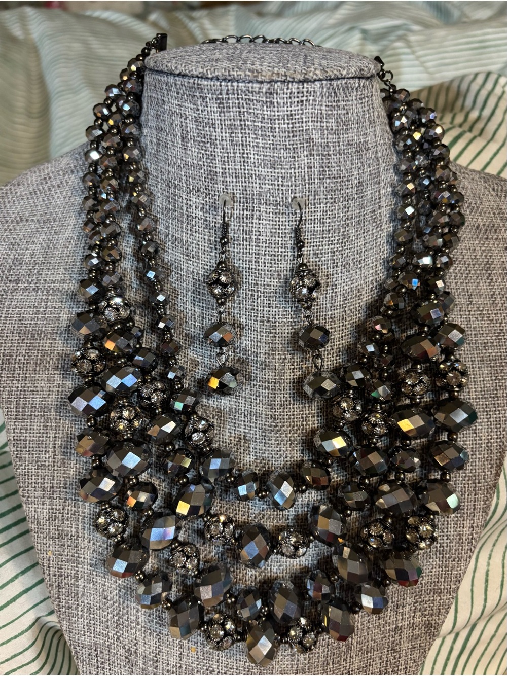 Statement Hematite Crystal Multi-Strand Necklace and Earring Set